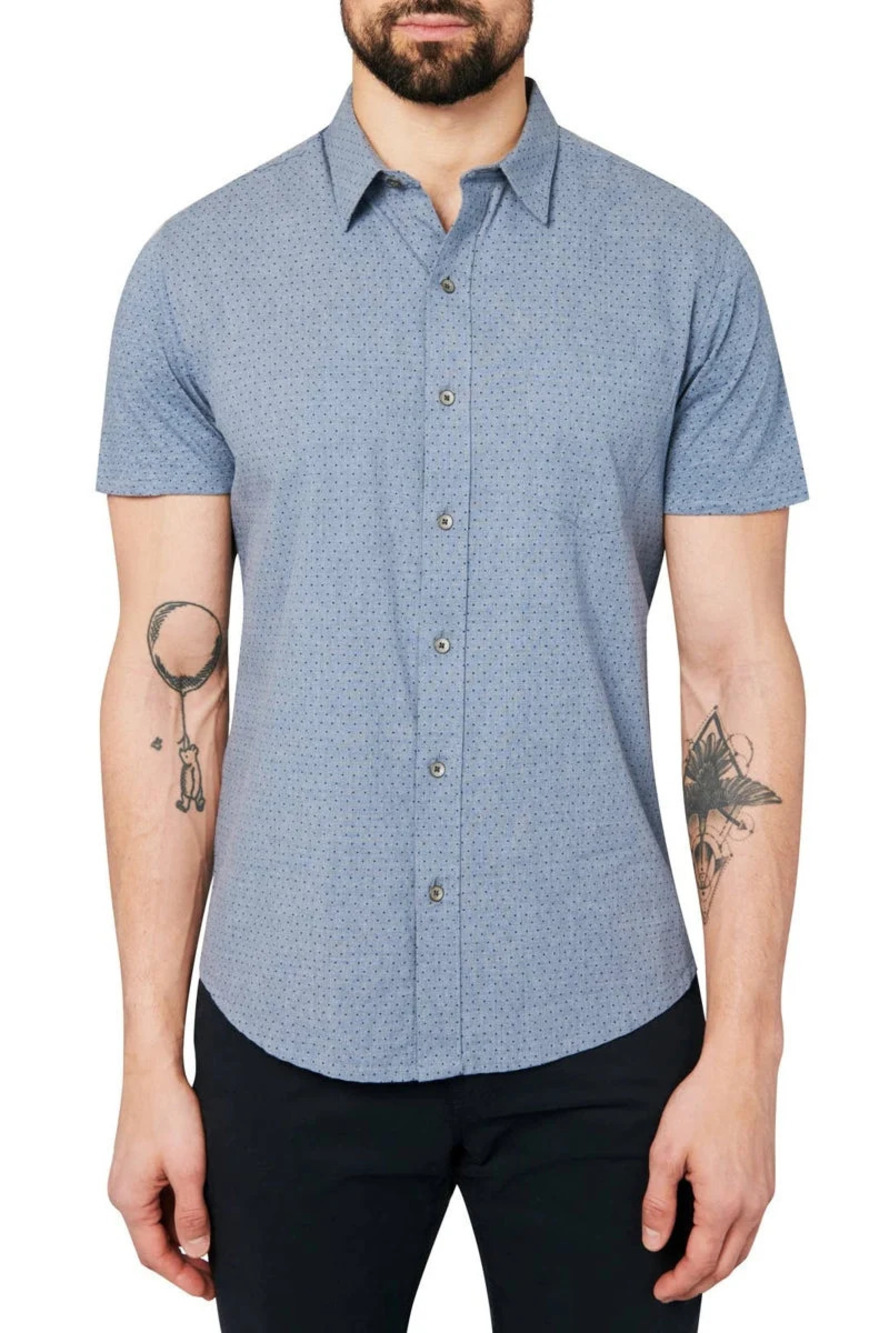 W.R.K Reworked Chambray Blue Dot Print Short Sleeve Shirt/35001